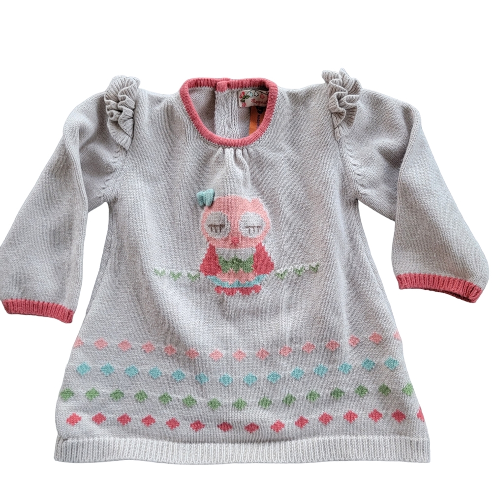 Mayoral baby girl sweater 6-9 months chunky knit owl ruffle sleeves pink beige‎